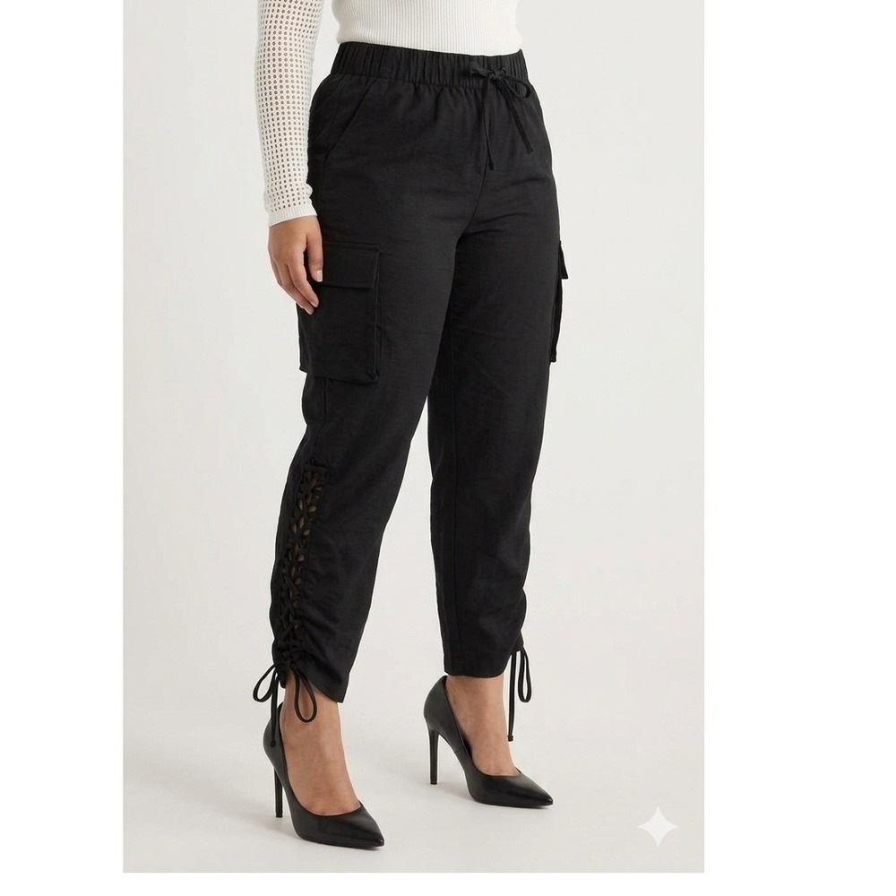 Sofia Vergara Luxe Cargo Black Ruched Side Pants Plus 3X Viscose Blend Utility
